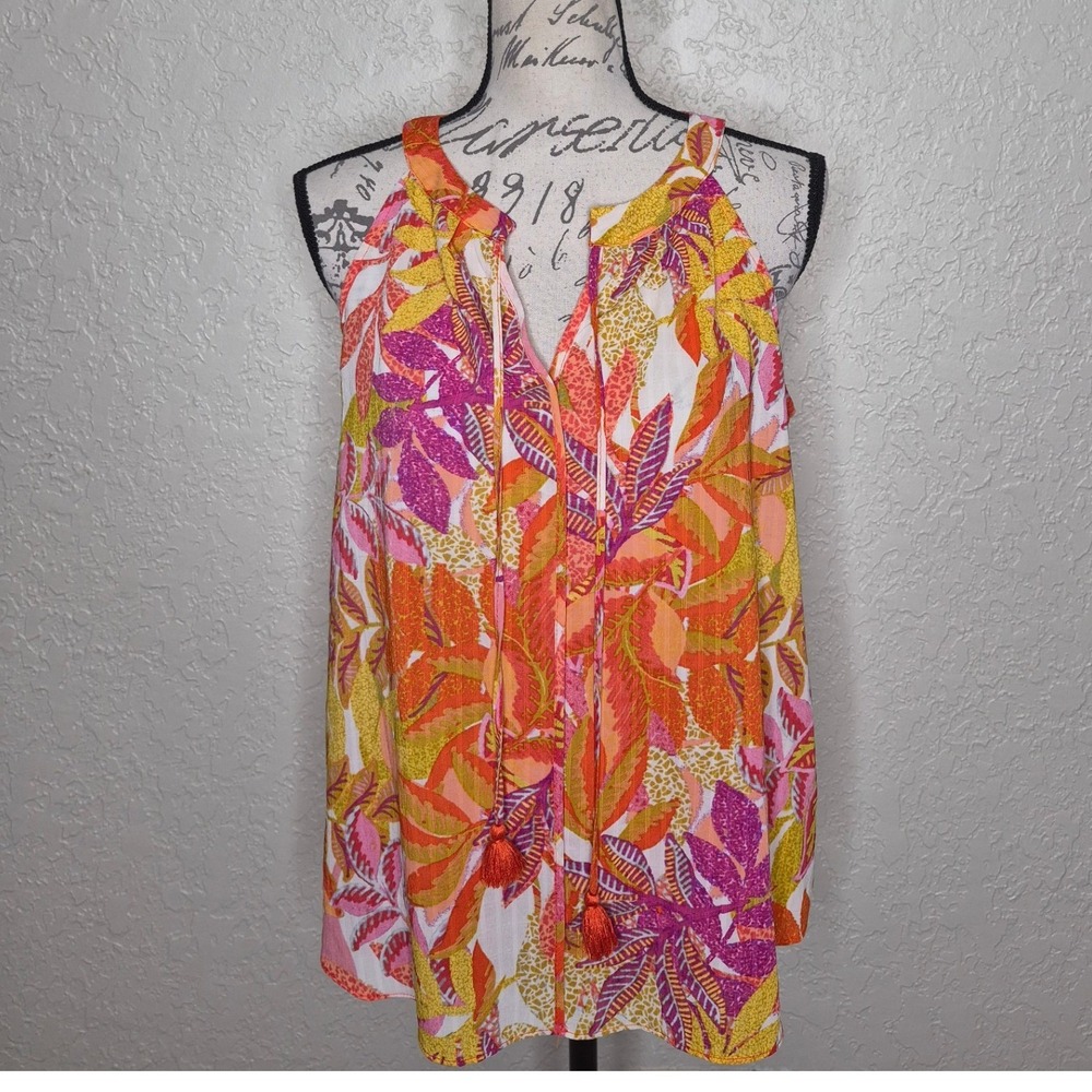 Rose + Olive Tropical Leaf Print Sleeveless Tassel Tie Top Orange Pink Medium